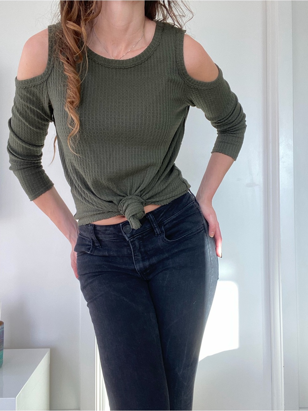 Kismet sexy cold shoulder waffle texture olive green long sleeve boho shirt